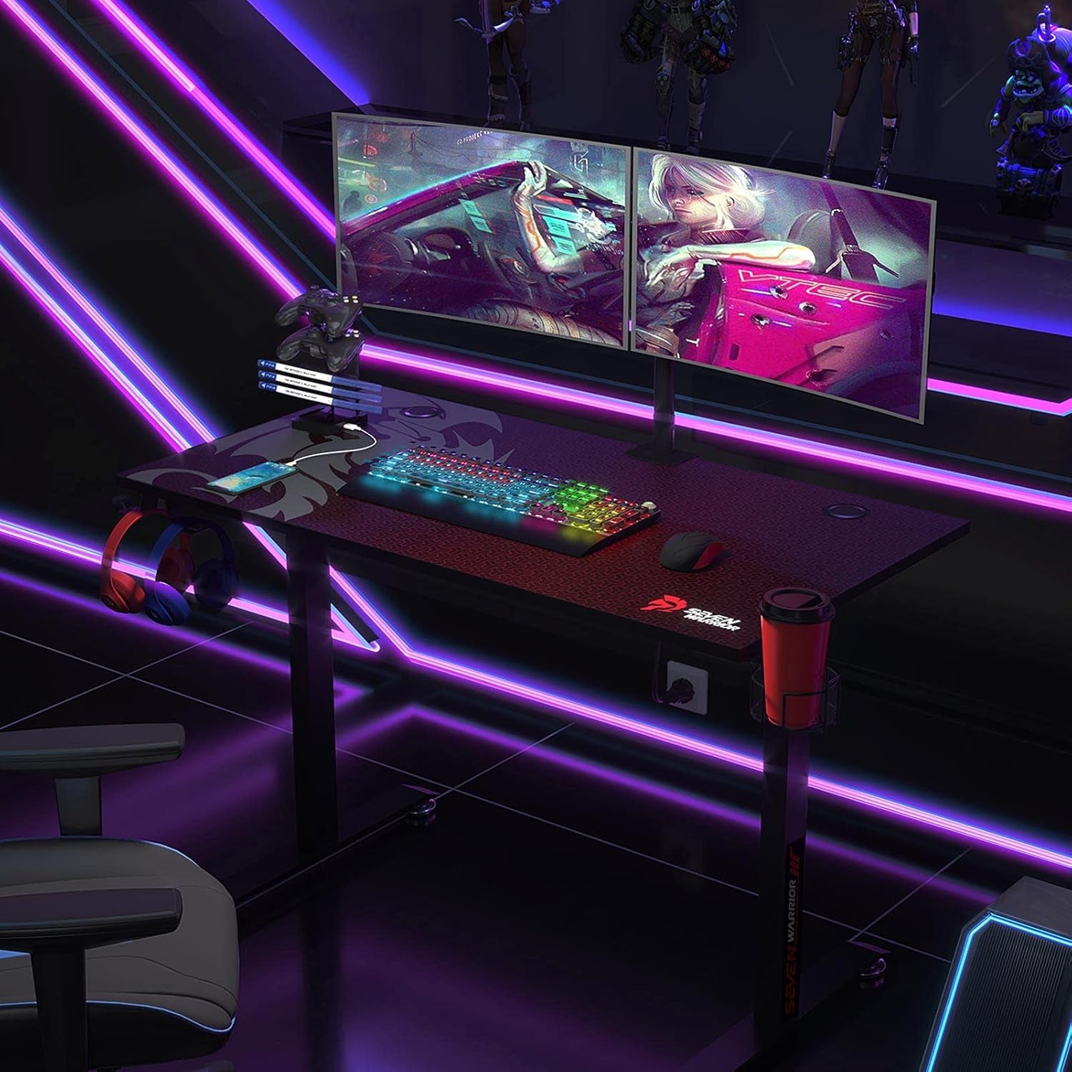 Gaming Desk 44 INCH, T- Shaped Carbon Fiber Surface Computer Desk with Full Desk Mouse Pad, Ergonomic E-Sport Style Gamer Desk with Double Headphone Hook, USB Gaming Rack, Cup Holder
