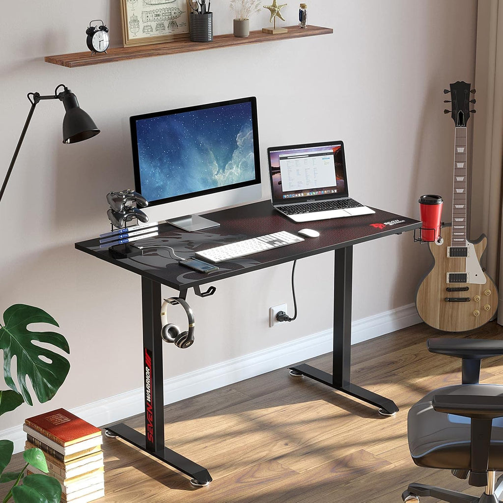 Gaming Desk 44 INCH, T- Shaped Carbon Fiber Surface Computer Desk with Full Desk Mouse Pad, Ergonomic E-Sport Style Gamer Desk with Double Headphone Hook, USB Gaming Rack, Cup Holder
