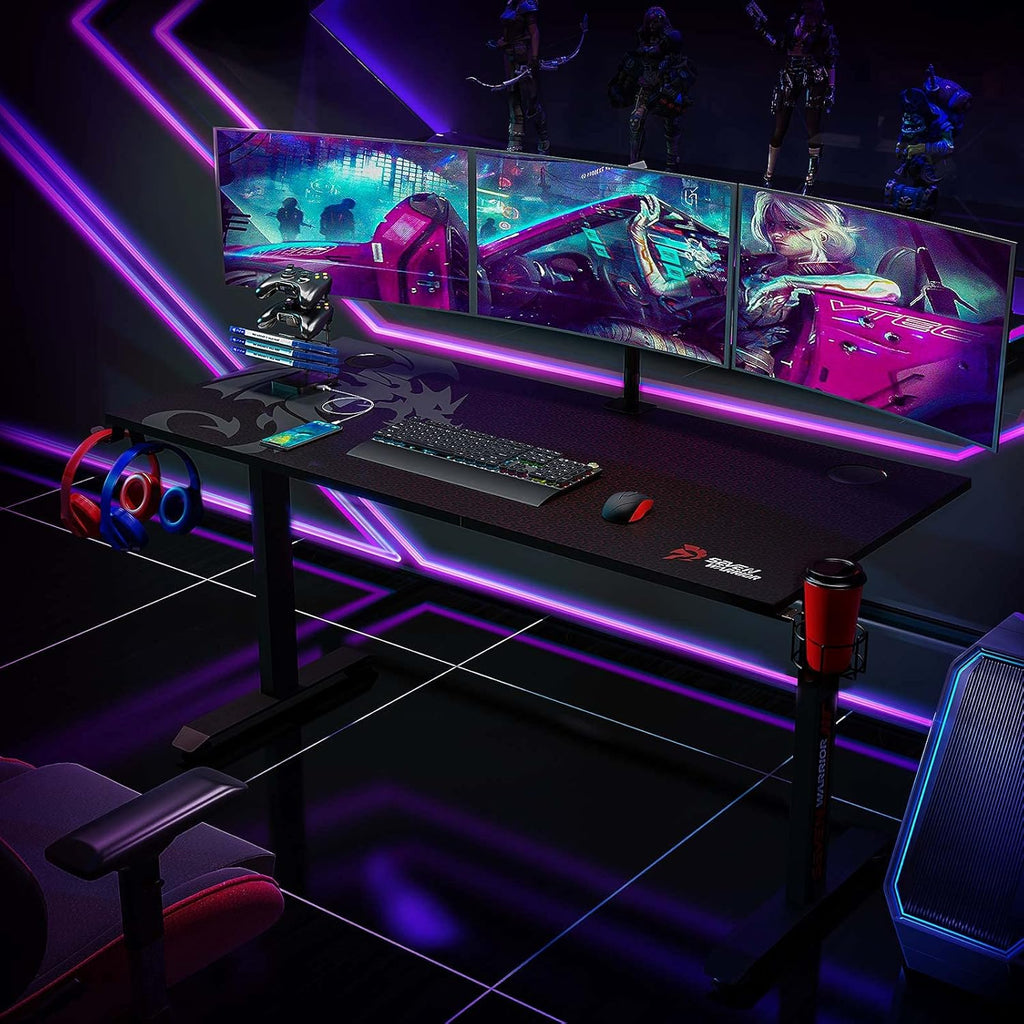 Gaming Desk 55’’, T-Shaped Carbon Fiber Surface Computer Desk with Full Mouse Pad, Gamer Desk with Headphone Hook, USB Rack, Cup Holder